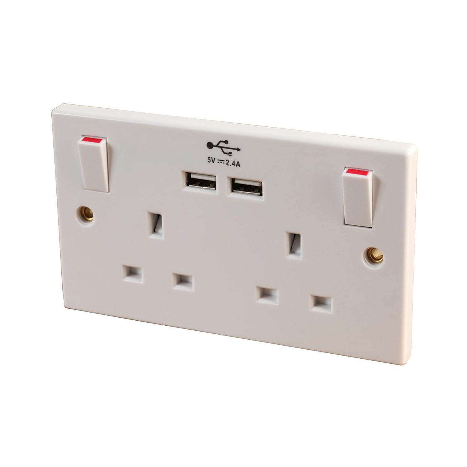 Double Wall Plug Socket 2 Gang 13A with 2 USB Charger Port Outlets